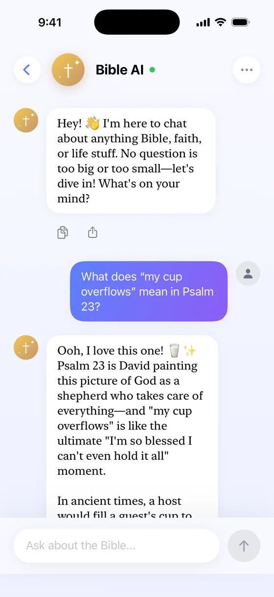 The Bible AI chat: a question about what "my cup overflows" means in Psalm 23, answered with the passage explained and linked.