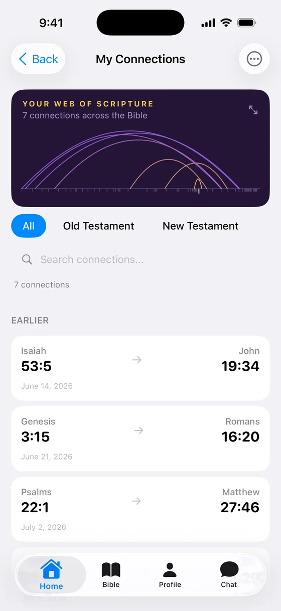 The My Connections list with the Web of Scripture map at the top and saved verse pairs below.