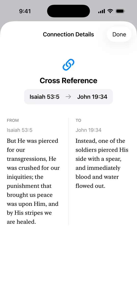 The Rooted Word cross-reference view: Isaiah 53:5 on the left, John 19:34 on the right, both verses shown in full.