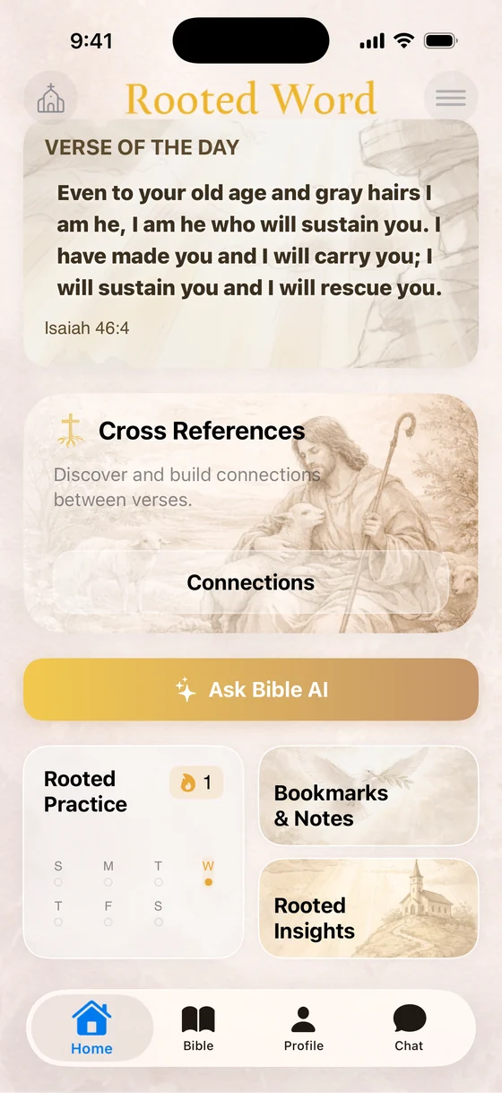 The Rooted Word home screen showing the Verse of the Day, a Cross References card, Ask Bible AI, and the Rooted Practice streak.