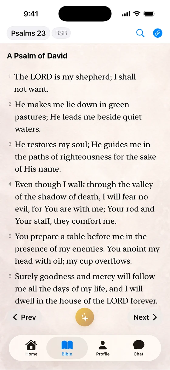Psalm 23 open in the Rooted Word reader, set on a warm parchment background with verse numbers and chapter navigation.